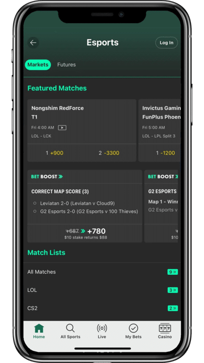 A screenshot of bet365's mobile app showing esports screen