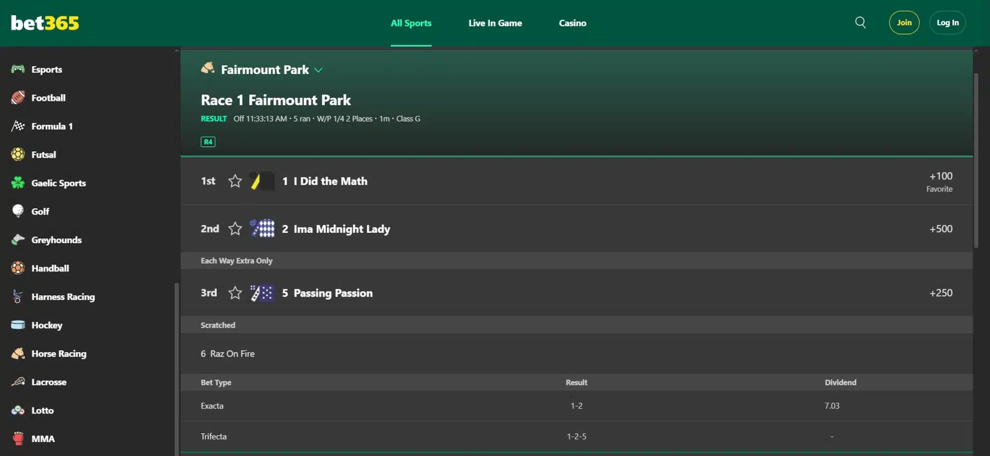 A screenshot desktop view of bet365's horse racing betting page