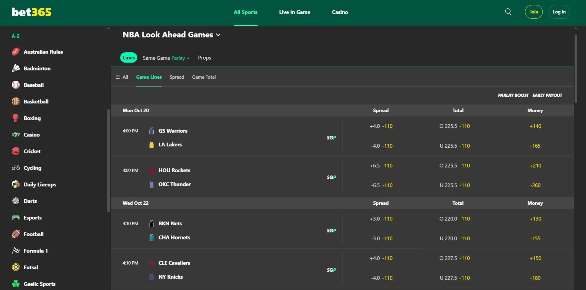 A screenshot desktop view of bet365's NBA betting odds
