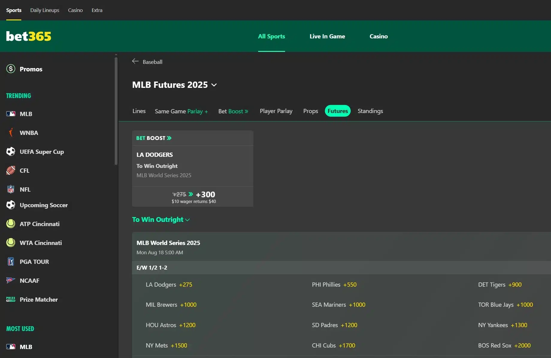 A screenshot desktop view of bet365's MLB World Series Odds as of August 2025