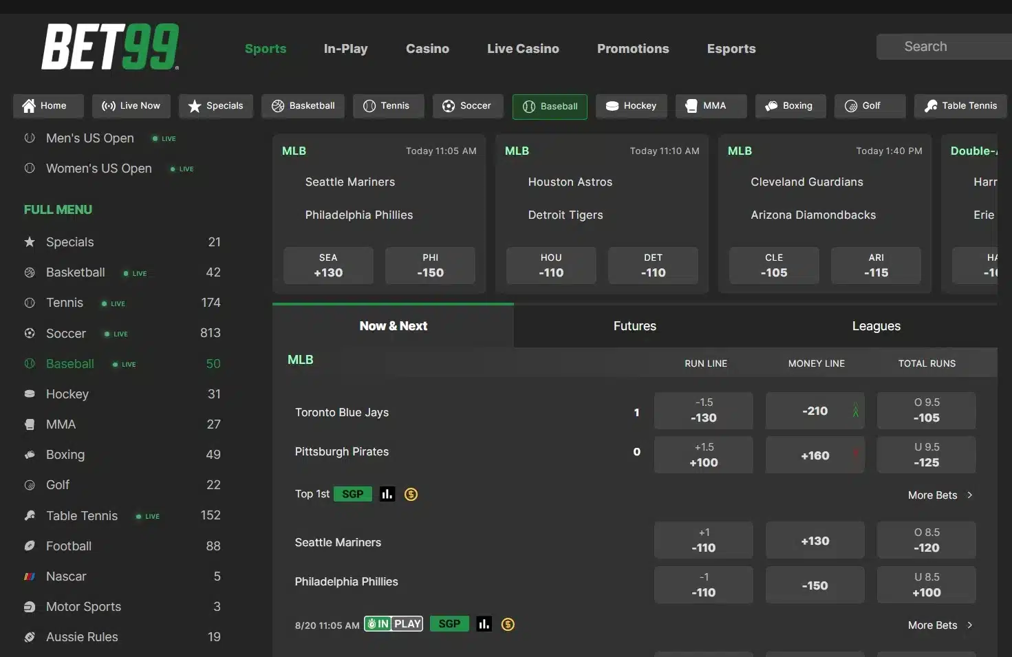 A screenshot of the desktop view of BET99's MLB odds