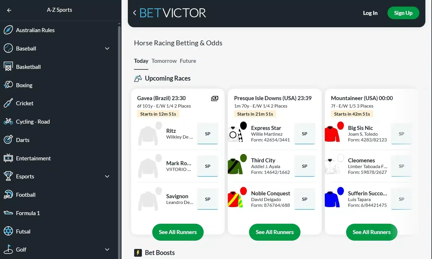 A screenshot desktop view of BetVictor's horse racing betting page