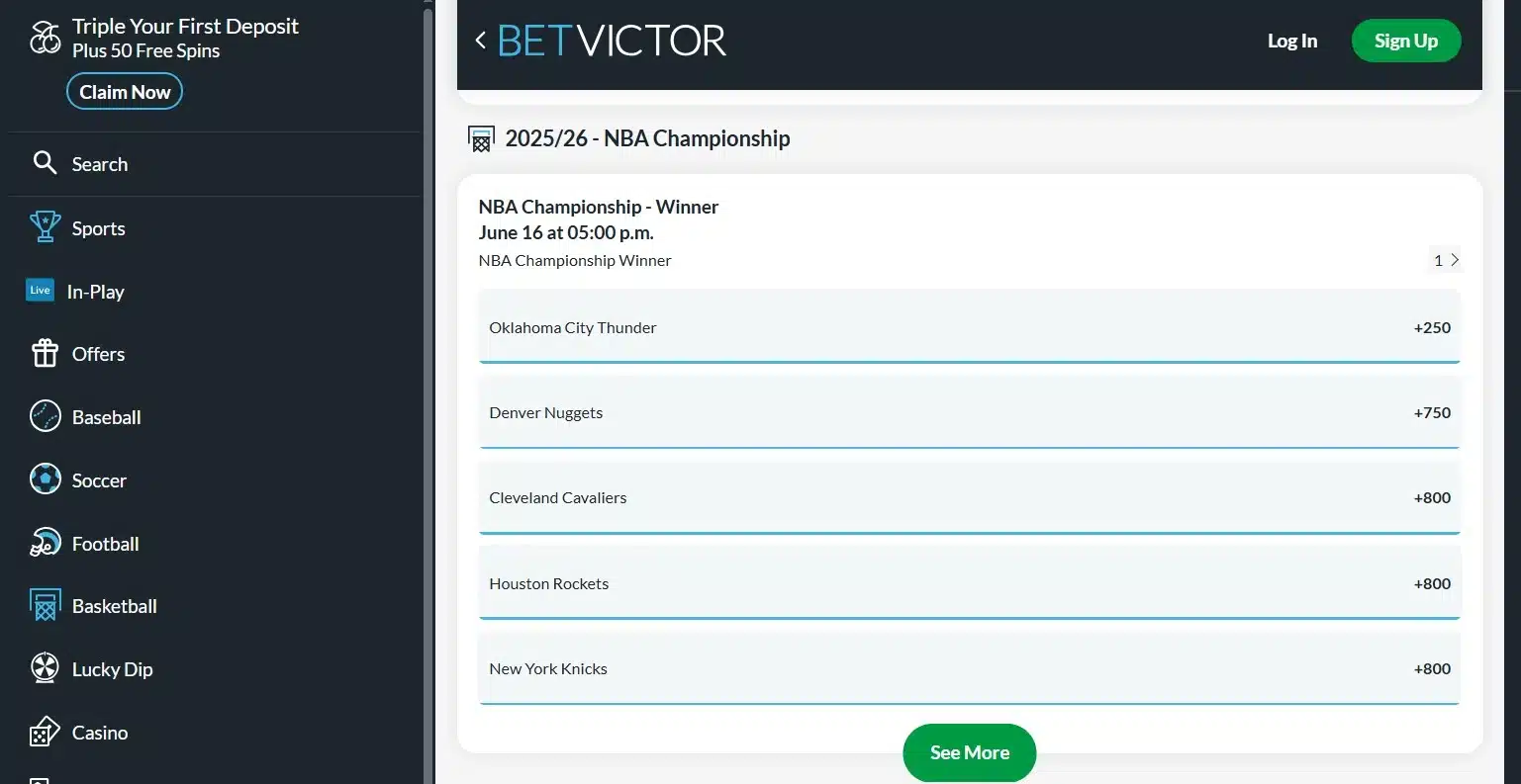 A screenshot of the desktop view of BetVictor's NBA Betting Odds
