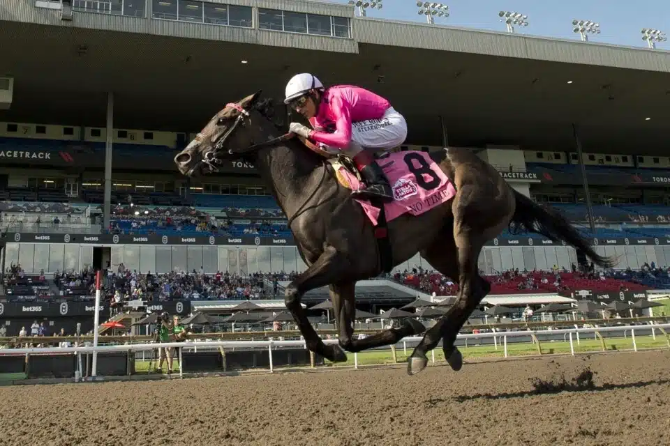No Time, with John Velazquez aboard, earned trainer Mark Casse a record-tying fifth win in the $500,000 Woodbine Oaks in Toronto on Sunday, July 20, 2025.