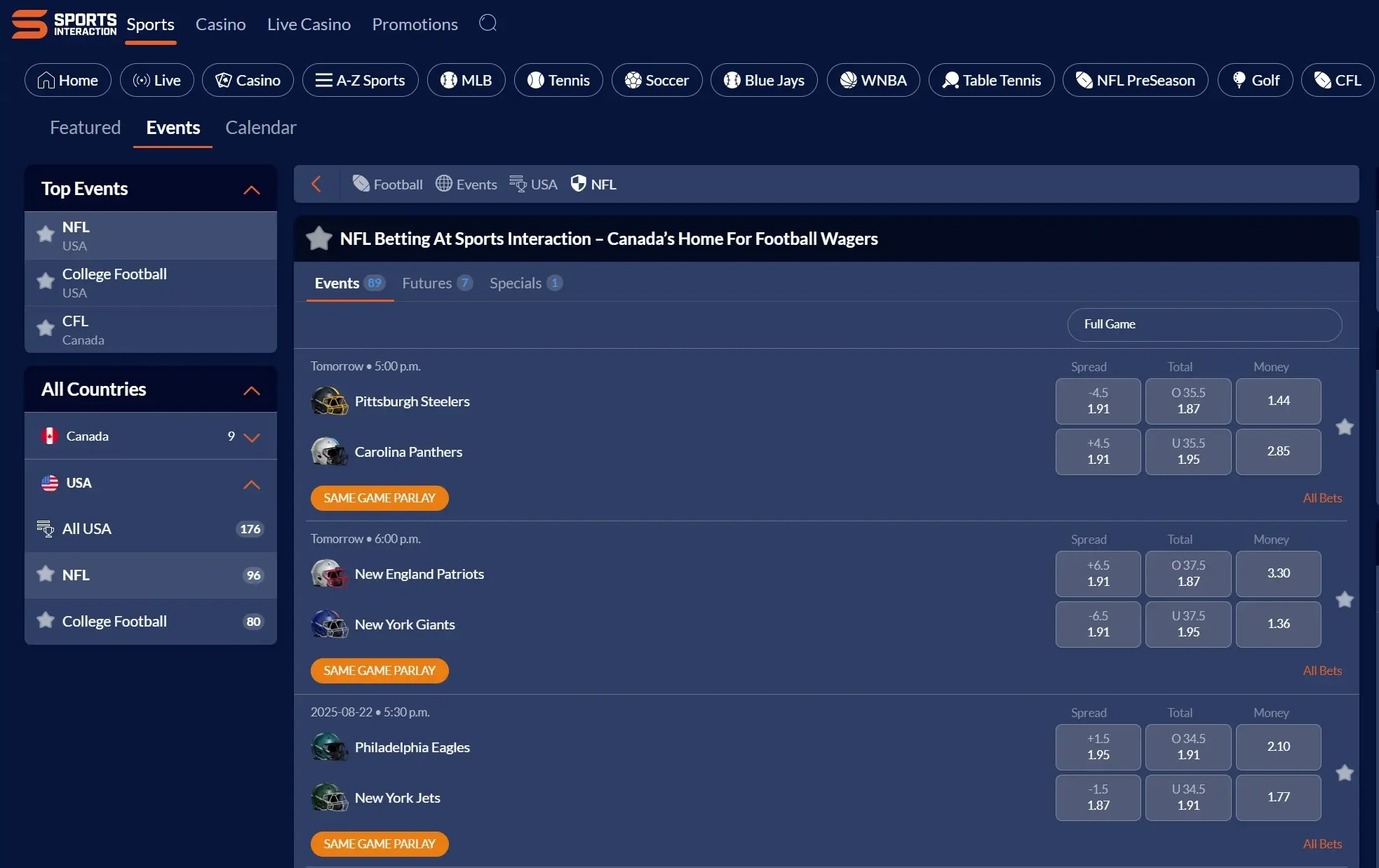 A screenshot of the desktop view of Sports Interaction NFL Odds.