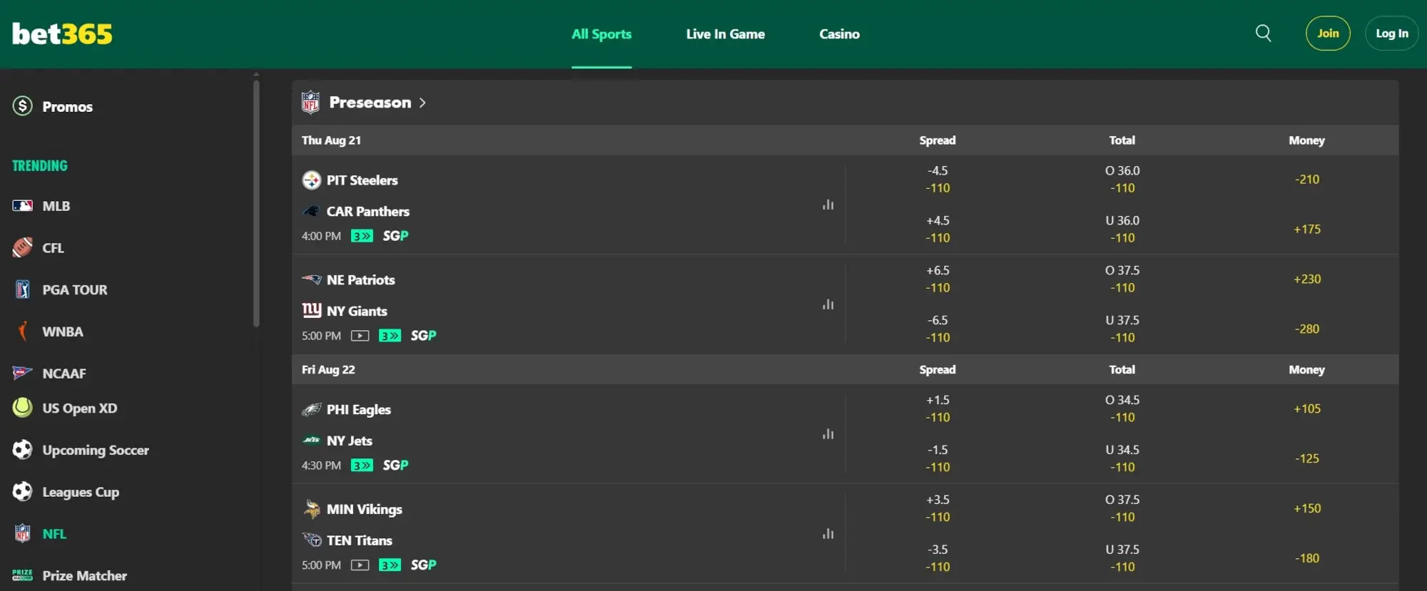 py-4 A screenshot of the desktop view of bet365's NFL Odds.