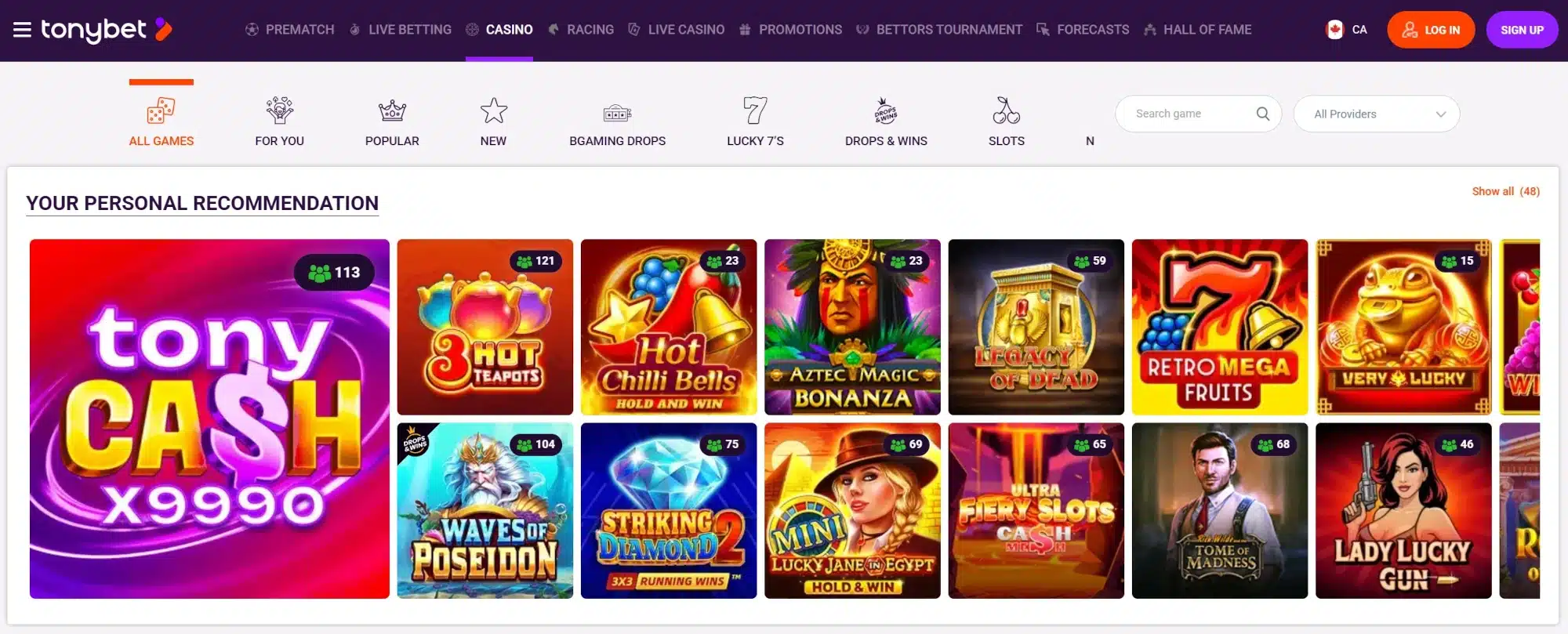A screenshot desktop view of TonyBet Casino's homepage