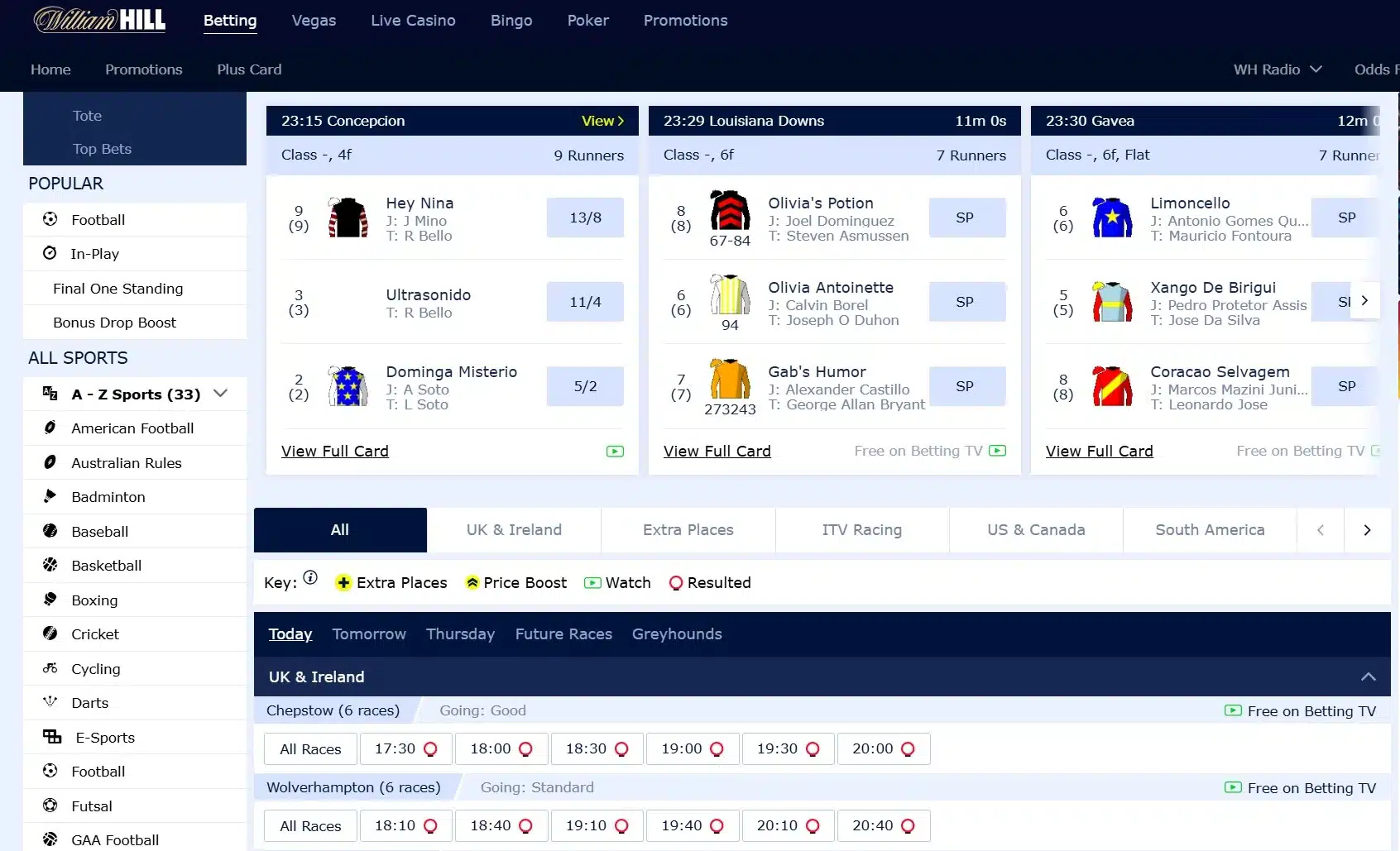 A screenshot desktop view of william hill's horse racing betting page