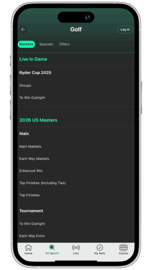 Mockup of the bet365 app golf betting home.