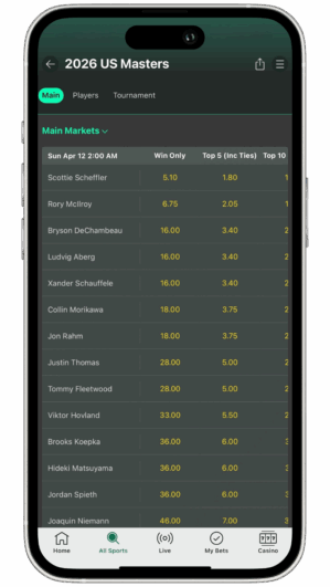 Mockup of the bet365 app golf betting section for us masters.