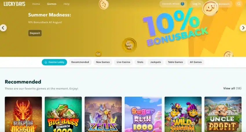 A screenshot desktop view of Lucky Days Casino's homescreen.