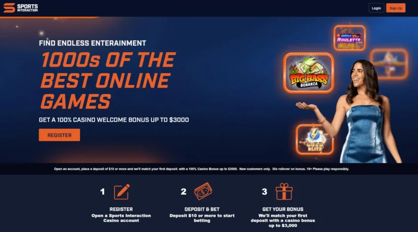 A screenshot desktop view of the Sports Interaction Casino bonus offer.
