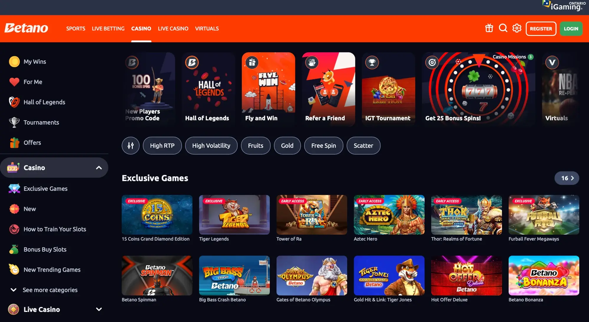 A screenshot of Betano Casino's desktop home screen.