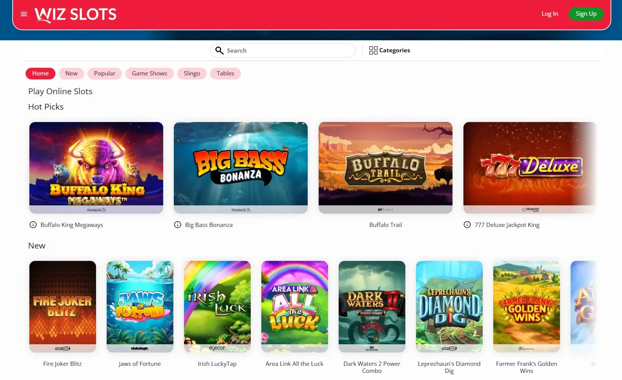 A screenshot of the desktop view of Wiz Slots Casino's home page.