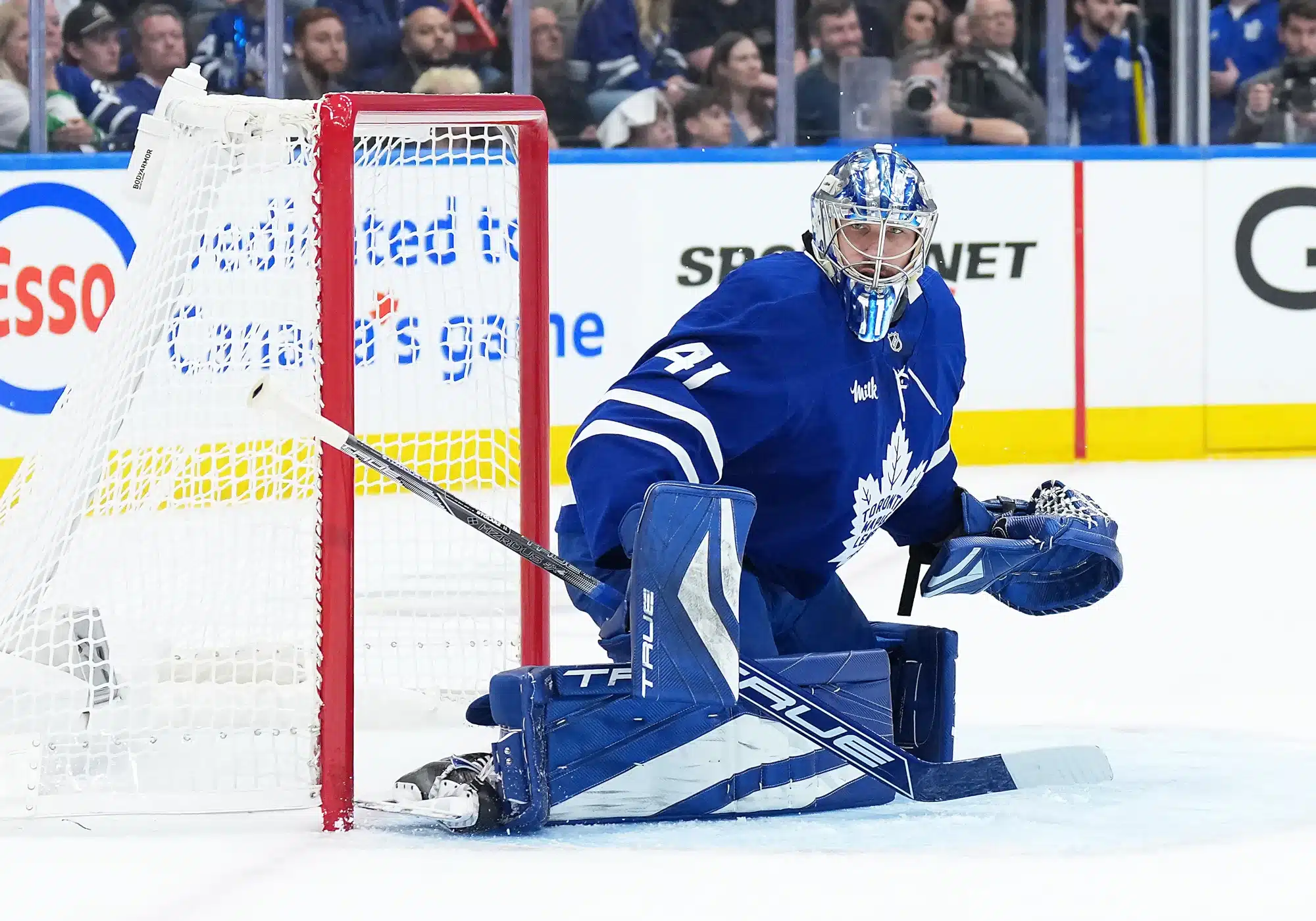 Apr 29, 2025; Toronto, Ontario, CAN; Toronto Maple Leafs goaltender Anthony Stolarz (41) follows the play against the Ottawa Senators in the second period during game five of the first round of the 2025 Stanley Cup Playoffs at Scotiabank Arena.