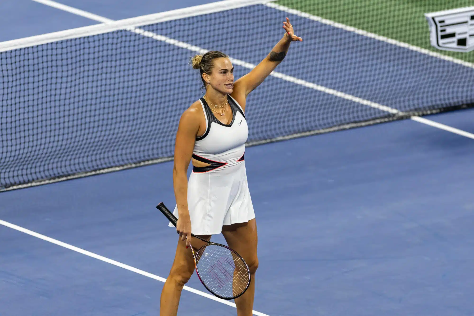 Aug 31, 2025; Flushing, NY, USA; Aryna Sabalenka of Belarus celebrates her victory over Cristina Bucsa of Spain in the fourth round of the women’s singles at the US Open at Louis Armstrong Stadium in Billie Jean King National Tennis Center.