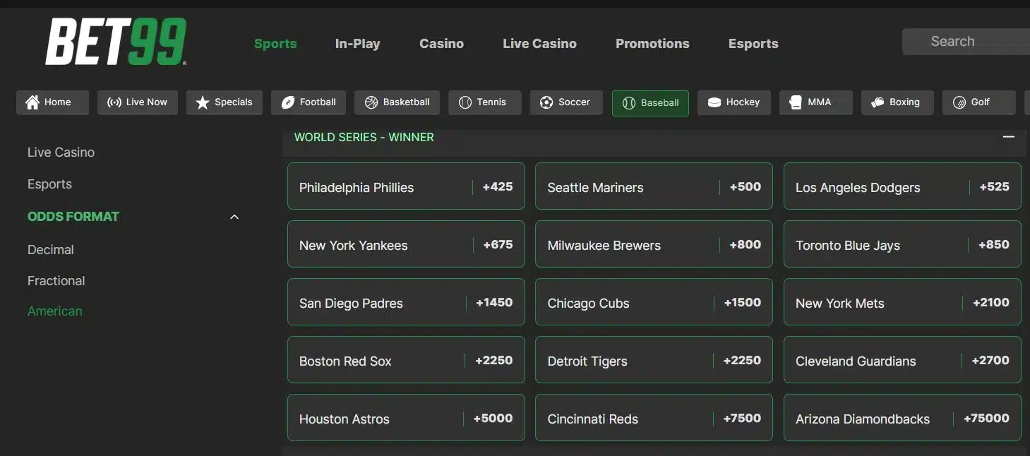 A screenshot of the desktop view of BET99's World Series odds