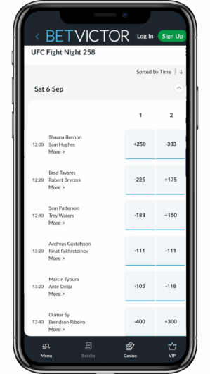 A view of BetVictor's mobile app showing the betting odds for UFC