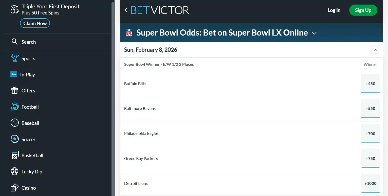 A screenshot of the desktop view of BetVictor's Super Bowl Betting page