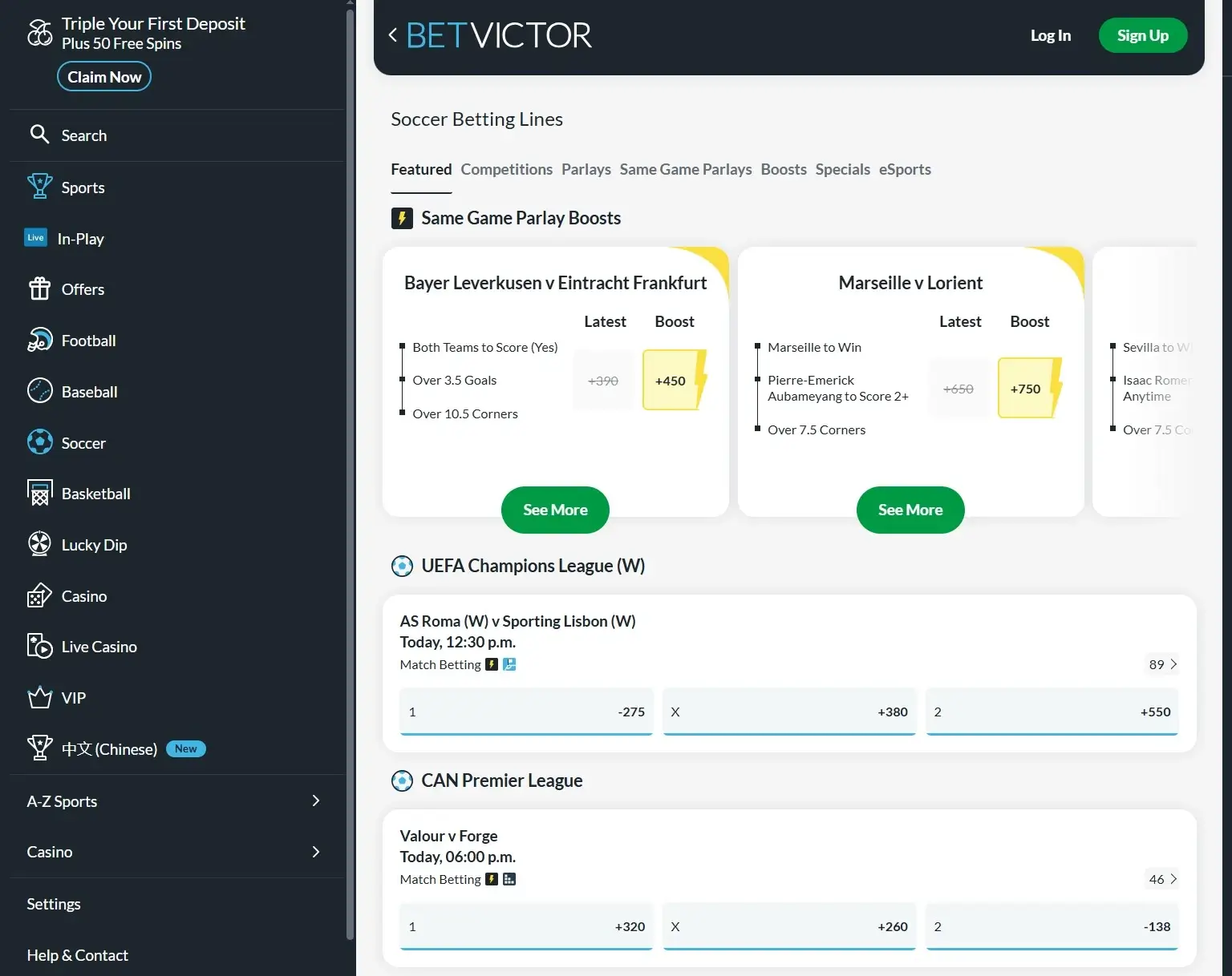 A screenshot of the desktop view of BetVictor's soccer betting page