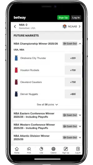 A view of Betway's mobile app displaying betting odds for the NBA