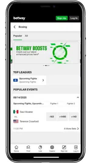 A mobile view of betway's boxing betting app on a smartphone.