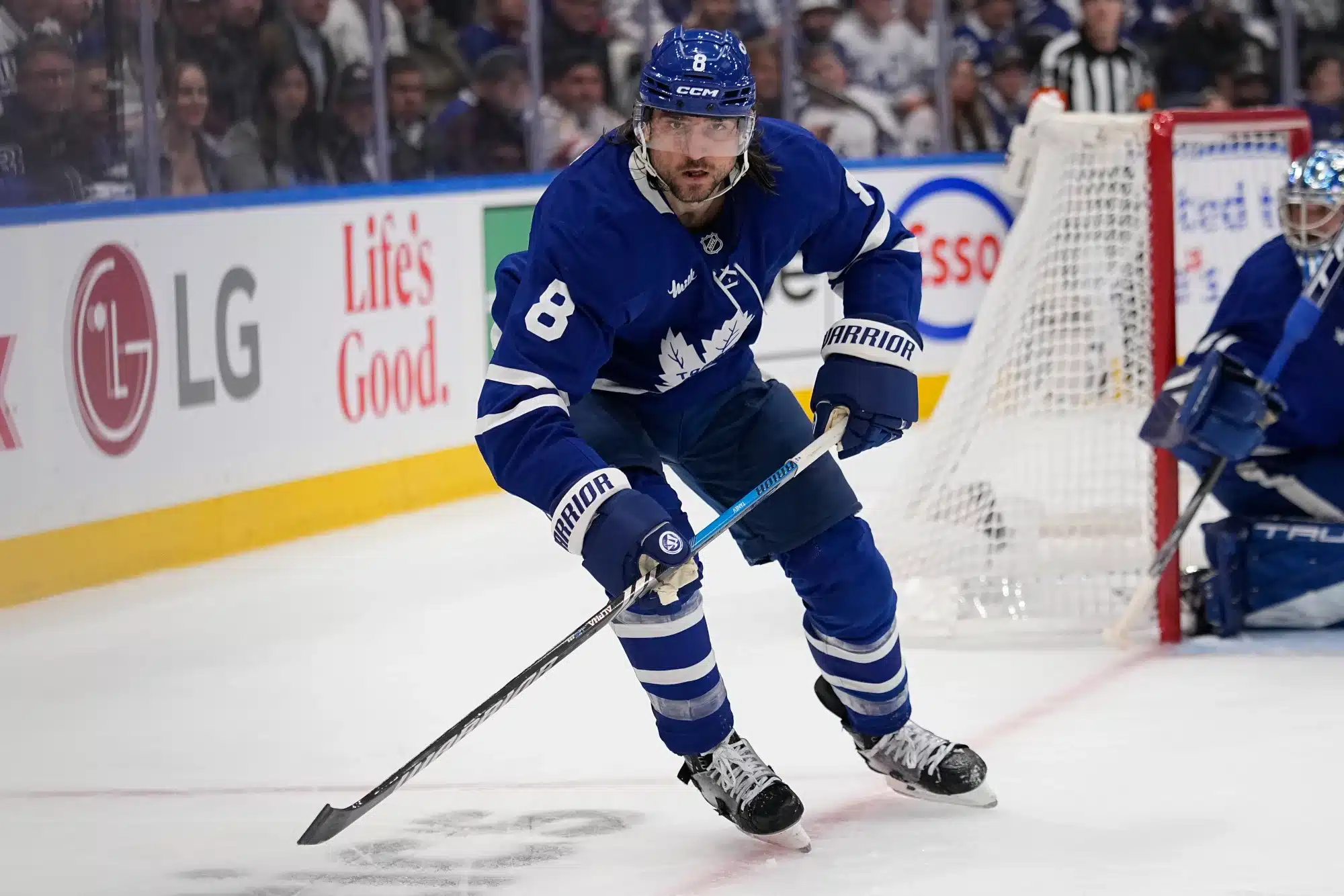 May 5, 2025; Toronto, Ontario, CAN; Toronto Maple Leafs defenceman Chris Tanev (8) skates against the Florida Panthers during the second period of game one in the second round of the 2025 Stanley Cup Playoffs at Scotiabank Arena.