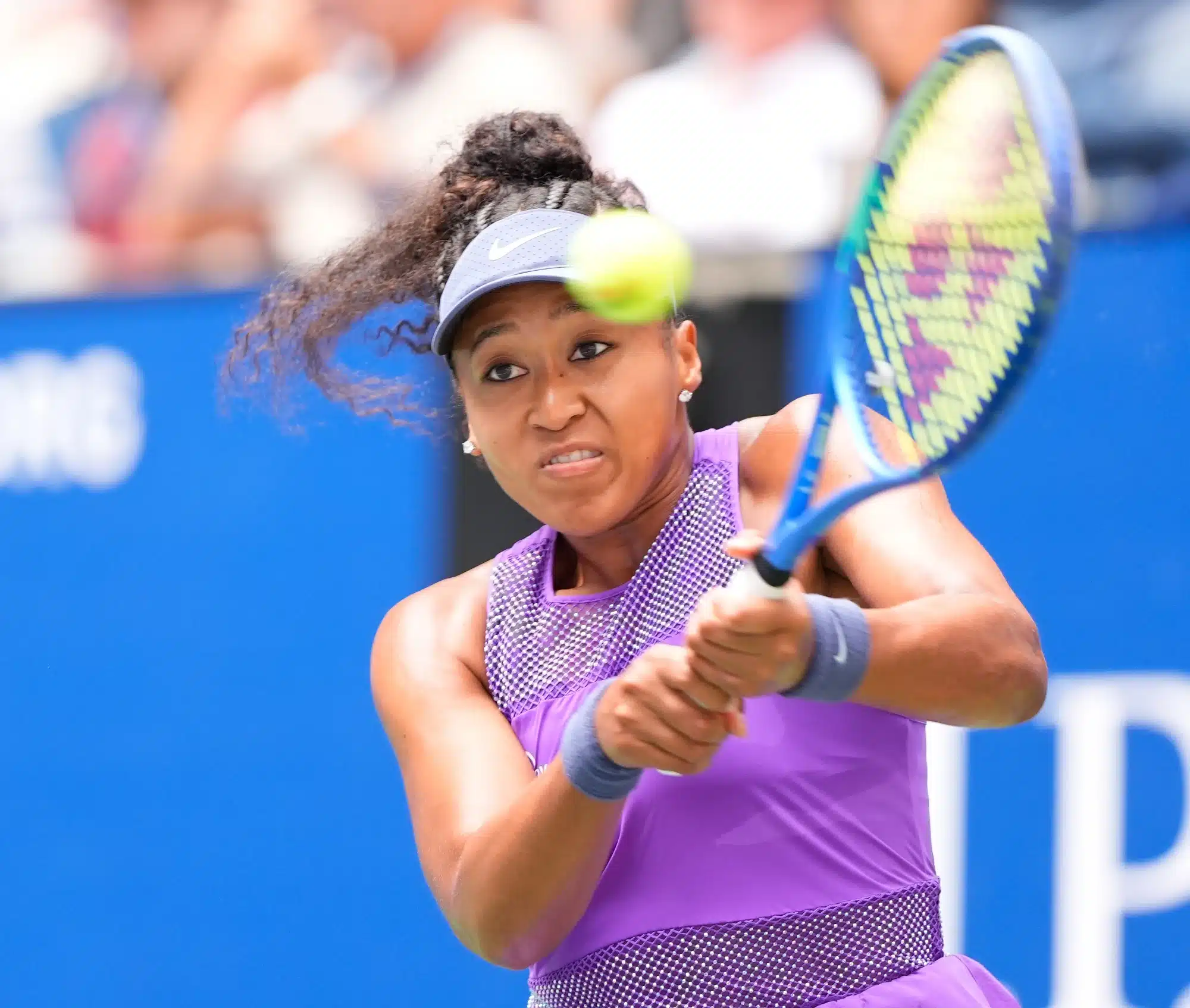 Sep 1, 2025; Flushing, NY, USA; Naomi Osaka (JPN) hits to Coco Gauff (USA) (not pictured) on day nine of the 2025 U.S. Open tennis tournament at the USTA Billie Jean King National Tennis Center.