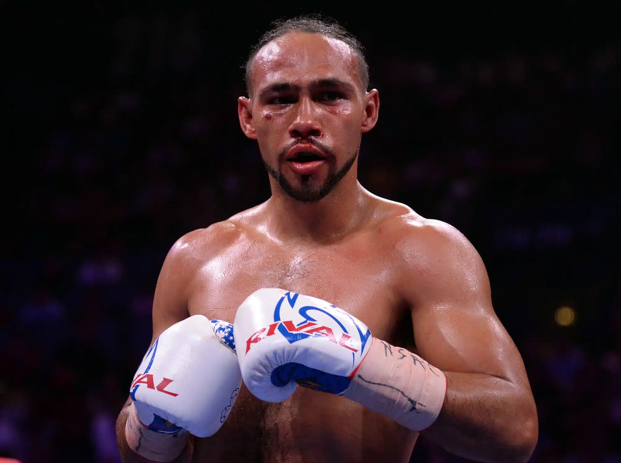 Las Vegas, NV, USA; Keith Thurman boxes against Manny Pacquiao (not pictured) during their WBA welterweight championship bout at MGM Grand Garden Arena.