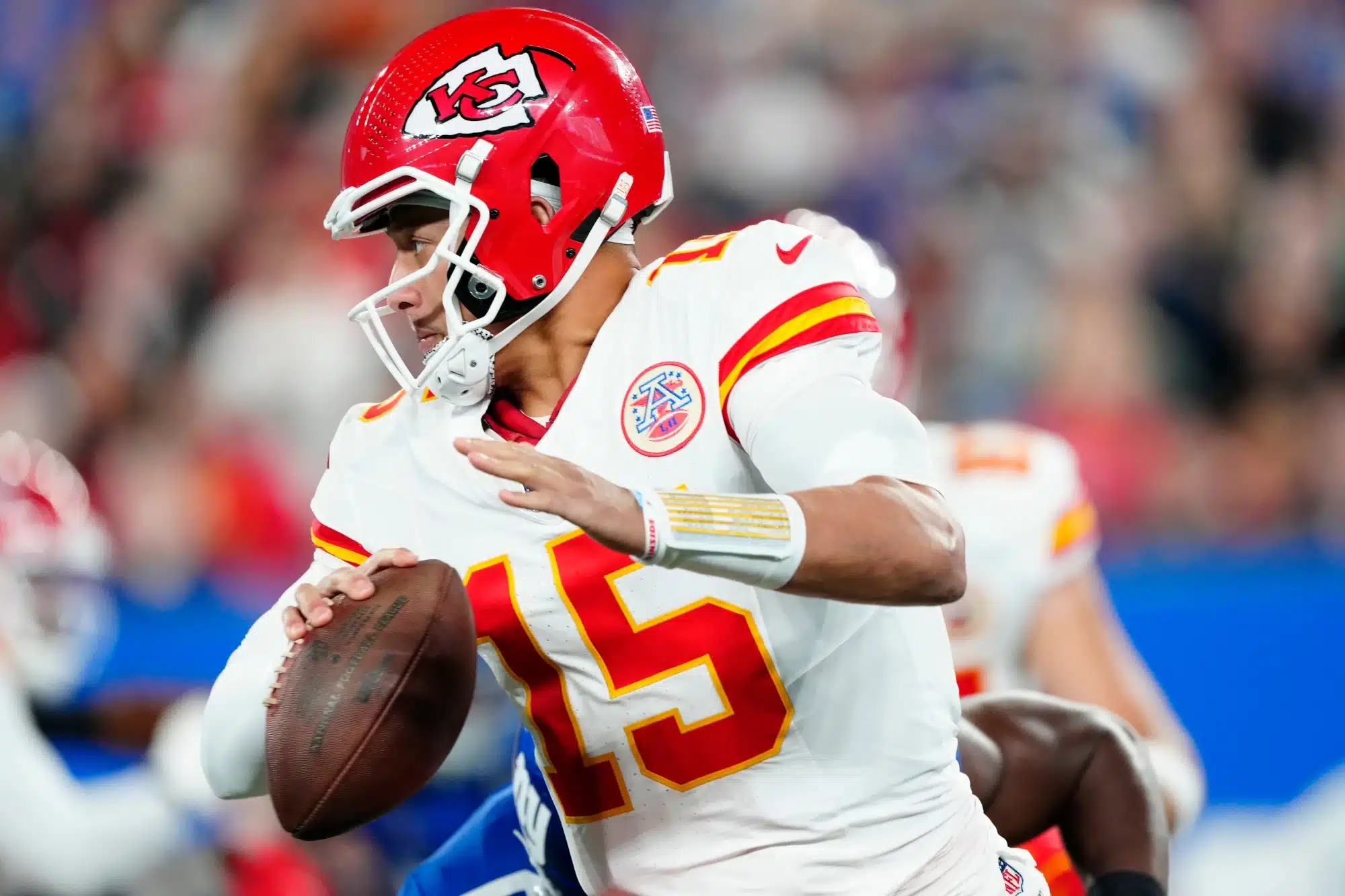 Kansas City Chiefs quarterback Patrick Mahomes (15) runs with the ball during the first quarter, Sunday, September 21, 2025.