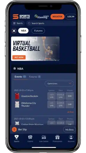 A view of Sports Interaction mobile app displaying betting odds for the NBA
