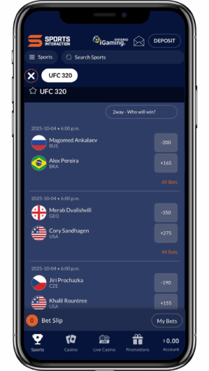 A view of Sports Interaction's mobile app showing the betting  odds for UFC