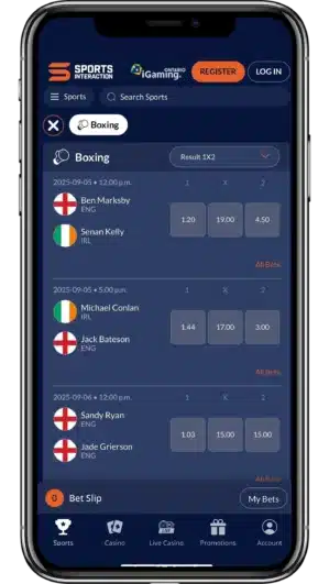 A mobile view of Sports Interaction's boxing betting app on a smartphone.