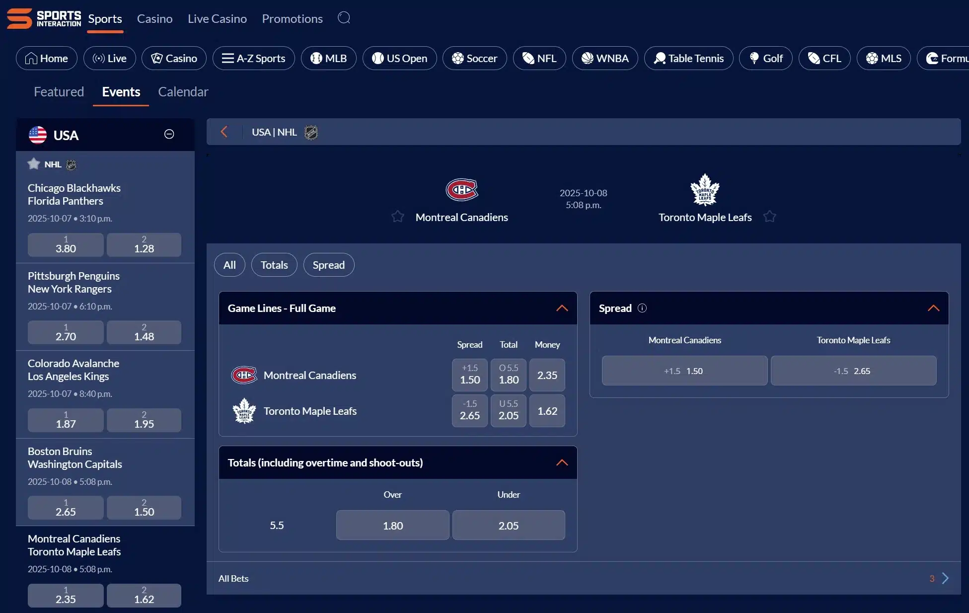 A screenshot of the desktop view of Sports Interaction's Maple Leafs odds