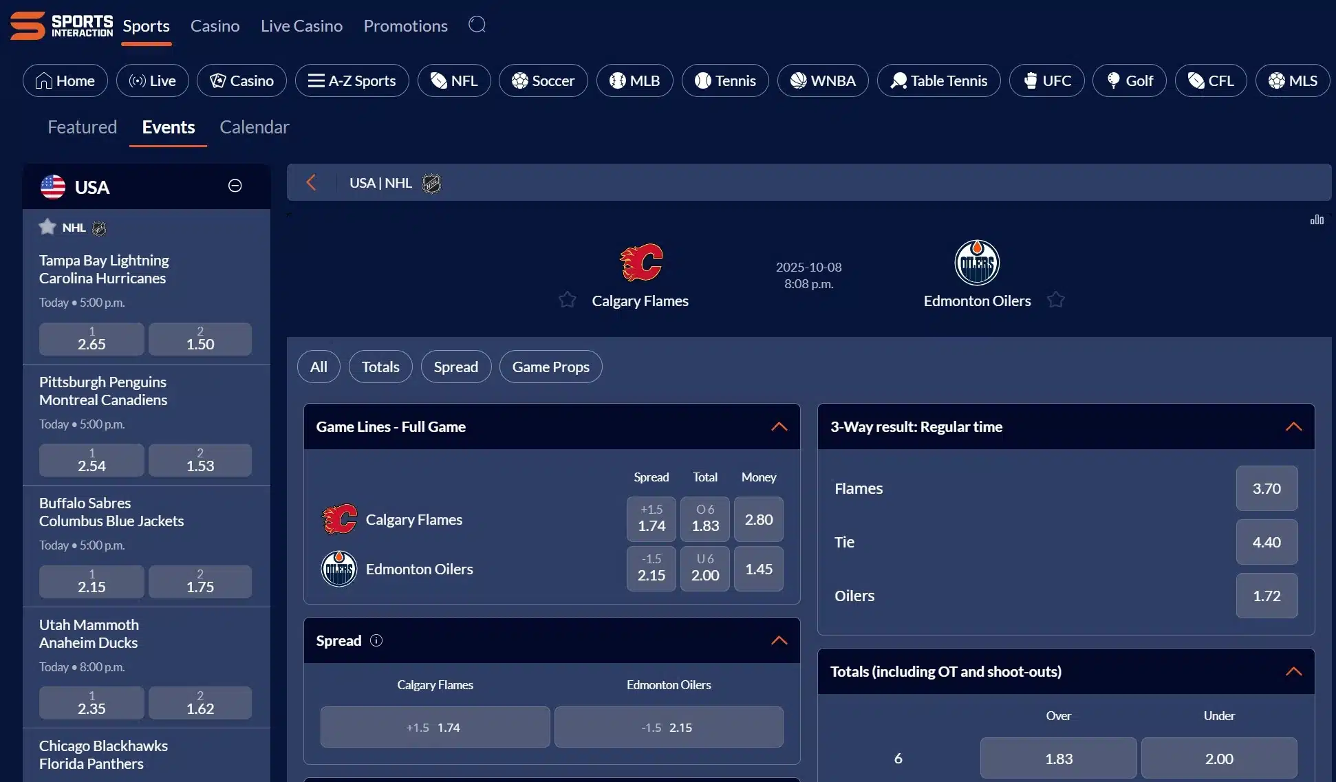 A screenshot of the desktop view of Sports Interaction's Edmonton Oilers Odds