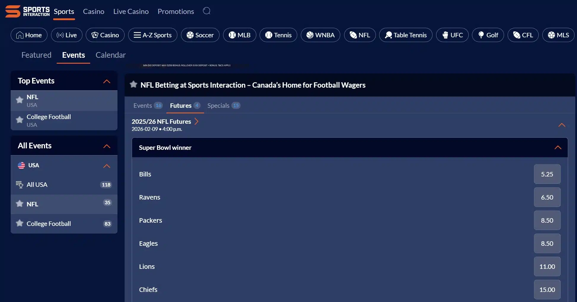 A screenshot of the desktop view of Sports Interaction's Super Bowl Betting page