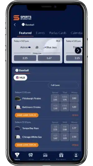 A image of a smartphone displaying Sports Interaction's MLB Betting app on screen