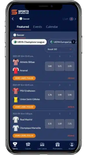 A screenshot of the mobile view of Sports Interaction's soccer betting app