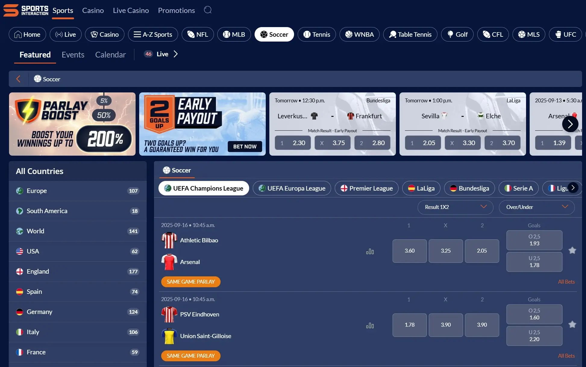 A screenshot of the desktop view of Sports Interaction's soccer betting page