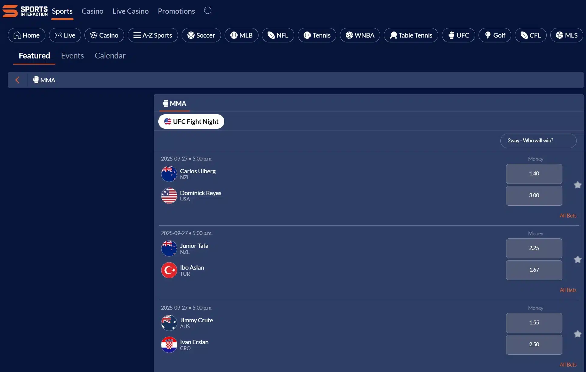 A screenshot of the desktop view of sports Interaction's UFC betting screen