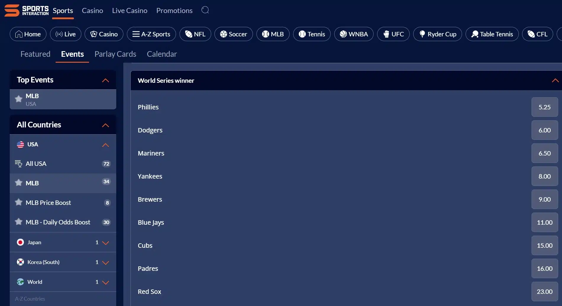 A screenshot of the desktop view of Sports Interaction's World Series odds