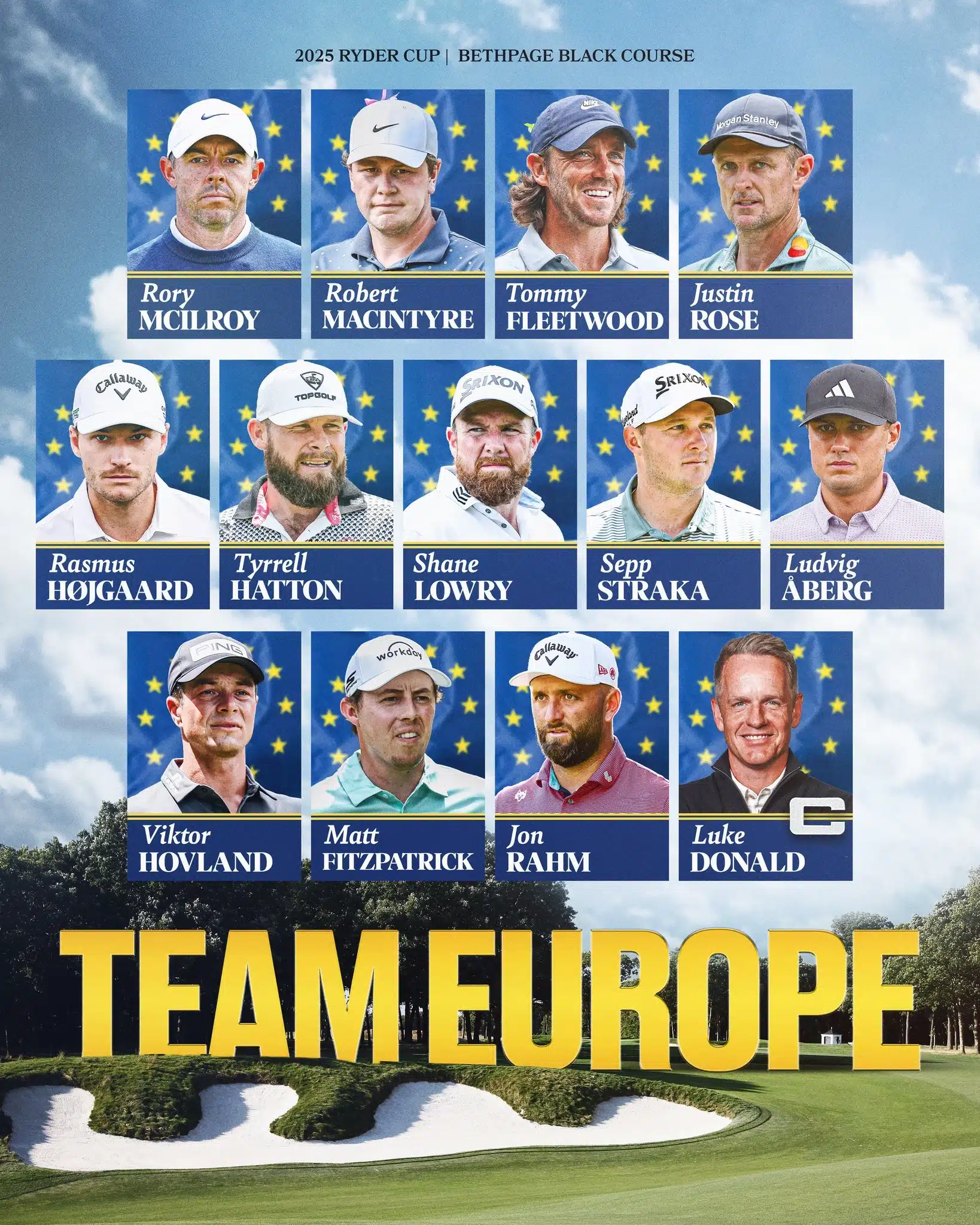 A poster from the PGA Tour displaying the team members of the Team Europe Ryder Cup Team