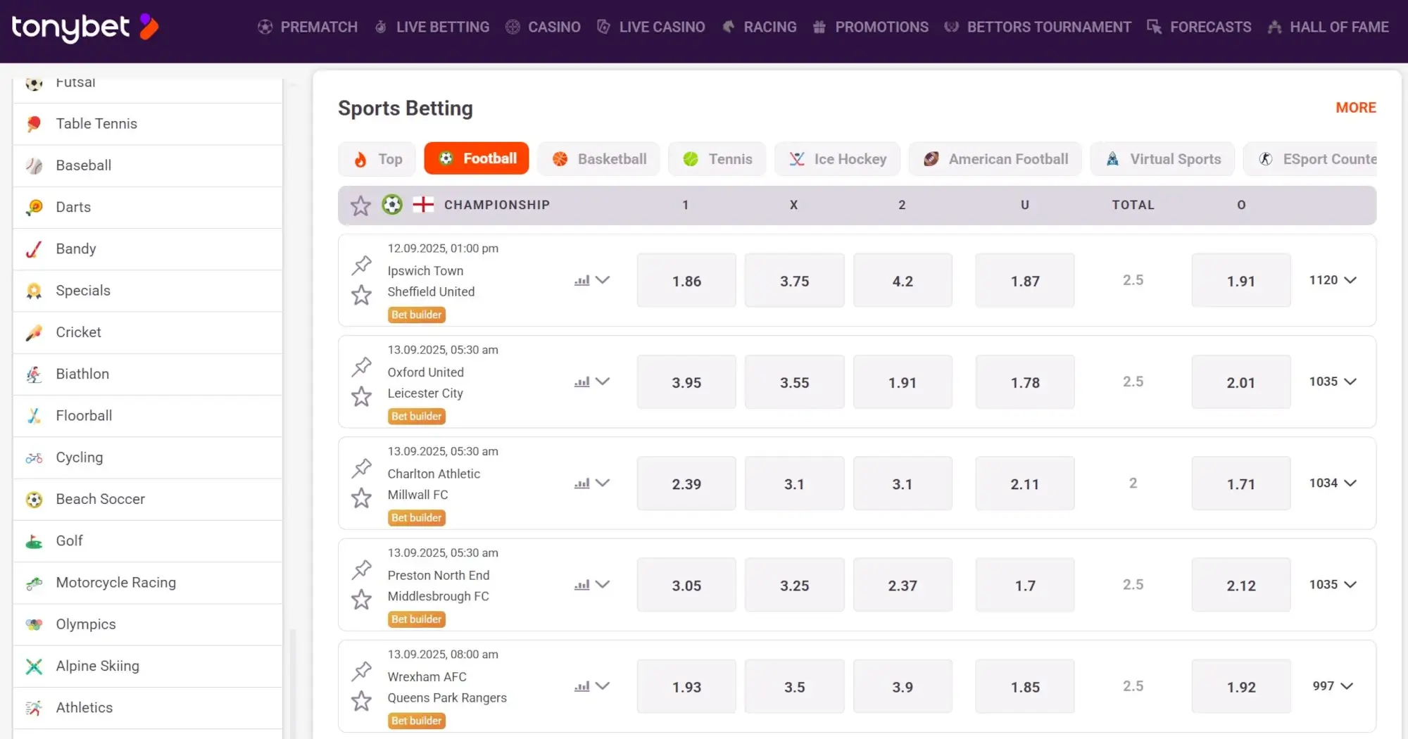 A screenshot of the desktop view of TonyBet's soccer betting page