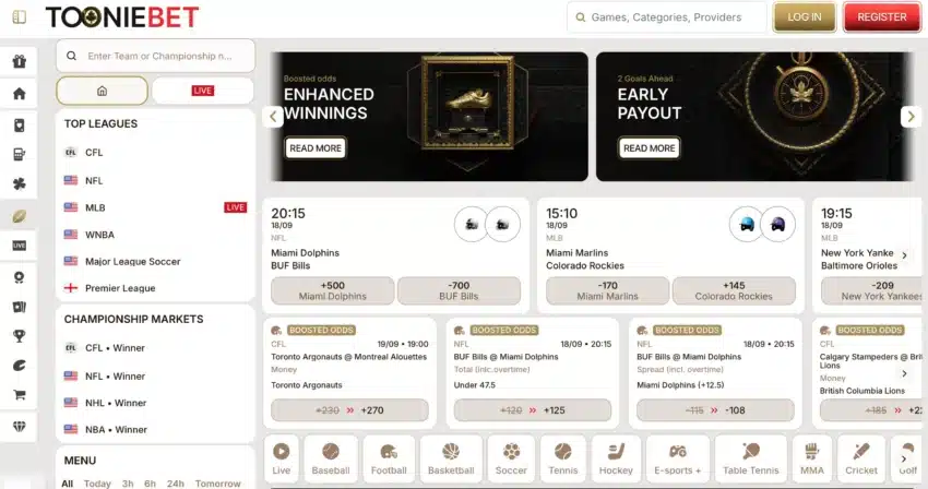 ToonieBet Sportsbook Homepage