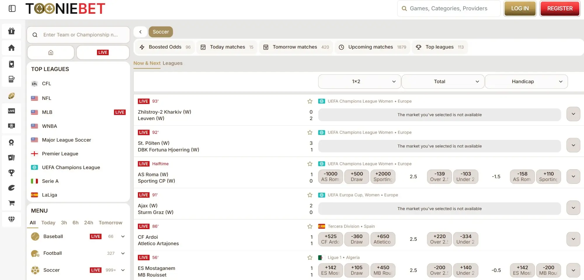 A screenshot of the desktop view of Tooniebet's soccer betting page