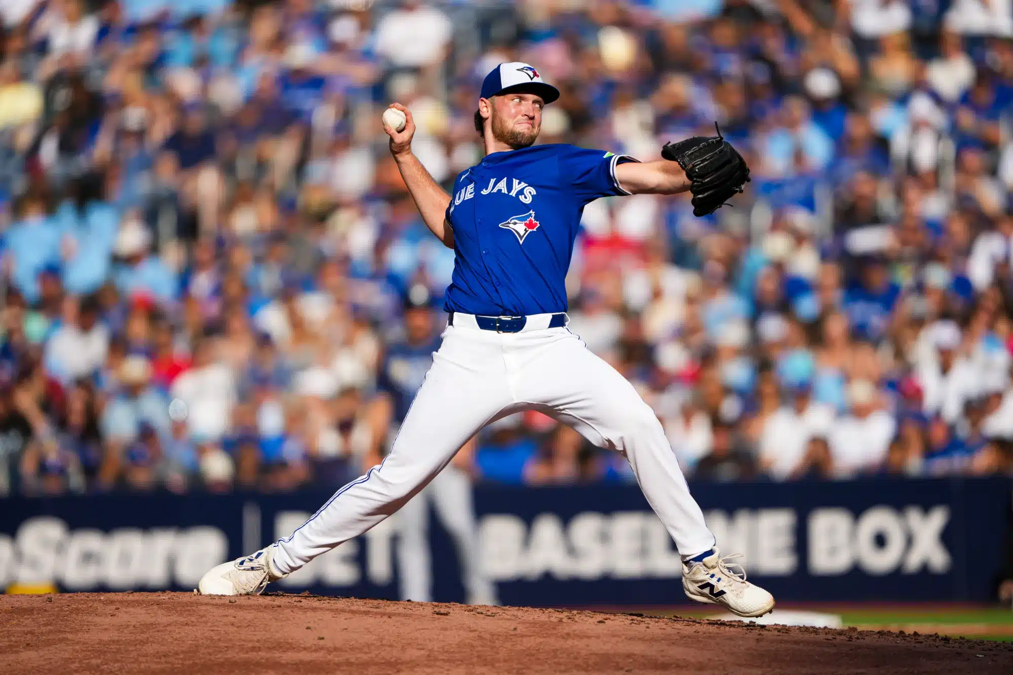 Sep 27, 2025; Toronto, Ontario, CAN; Toronto Blue Jays pitcher Trey Yesavage (39) delivers a pitch against the Tampa Bay Rays during the fifth inning at Rogers Centre. 