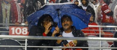 Fans watch the Colts and 49ers in the rain on Sunday, Oct. 24, 2021, at Levi's Stadium in Santa Clara, Calif. Indianapolis Colts Visit The San Francisco 49ers For Nfl Week 7 At Levi S Stadium In Santa Clara Calif Sunday Oct 24 2021
