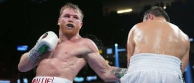 Canelo Alvarez (red trunks) and Gennadiy Golovkin (white trunks) box during their a middleweight championship bout at T-Mobile Arena.