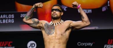 UFC fighter Carlos Ulberg during ceremonial weigh ins for UFC Fight Night at O2 Arena.