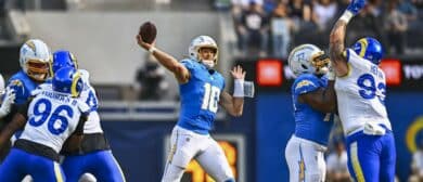 Los Angeles Chargers quarterback Justin Herbert (10) throws a pass against the Los Angeles Rams during the first quarter at SoFi Stadium